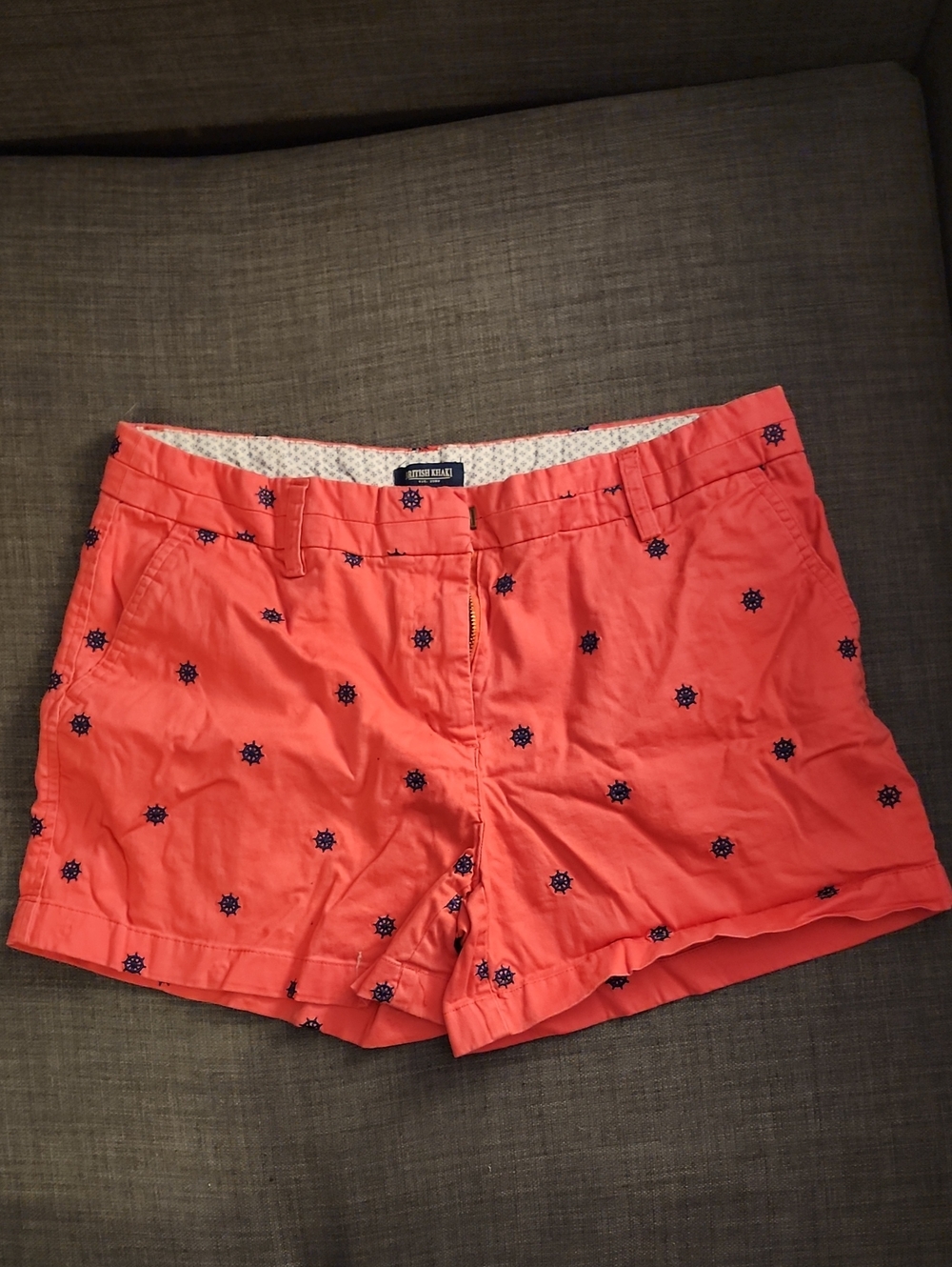 British Khaki Coral Shorts with Navy Embroidery